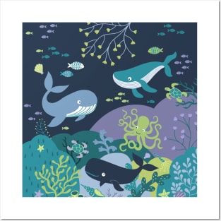 Whales paradise seascape - cute underwater scene with octopus Posters and Art